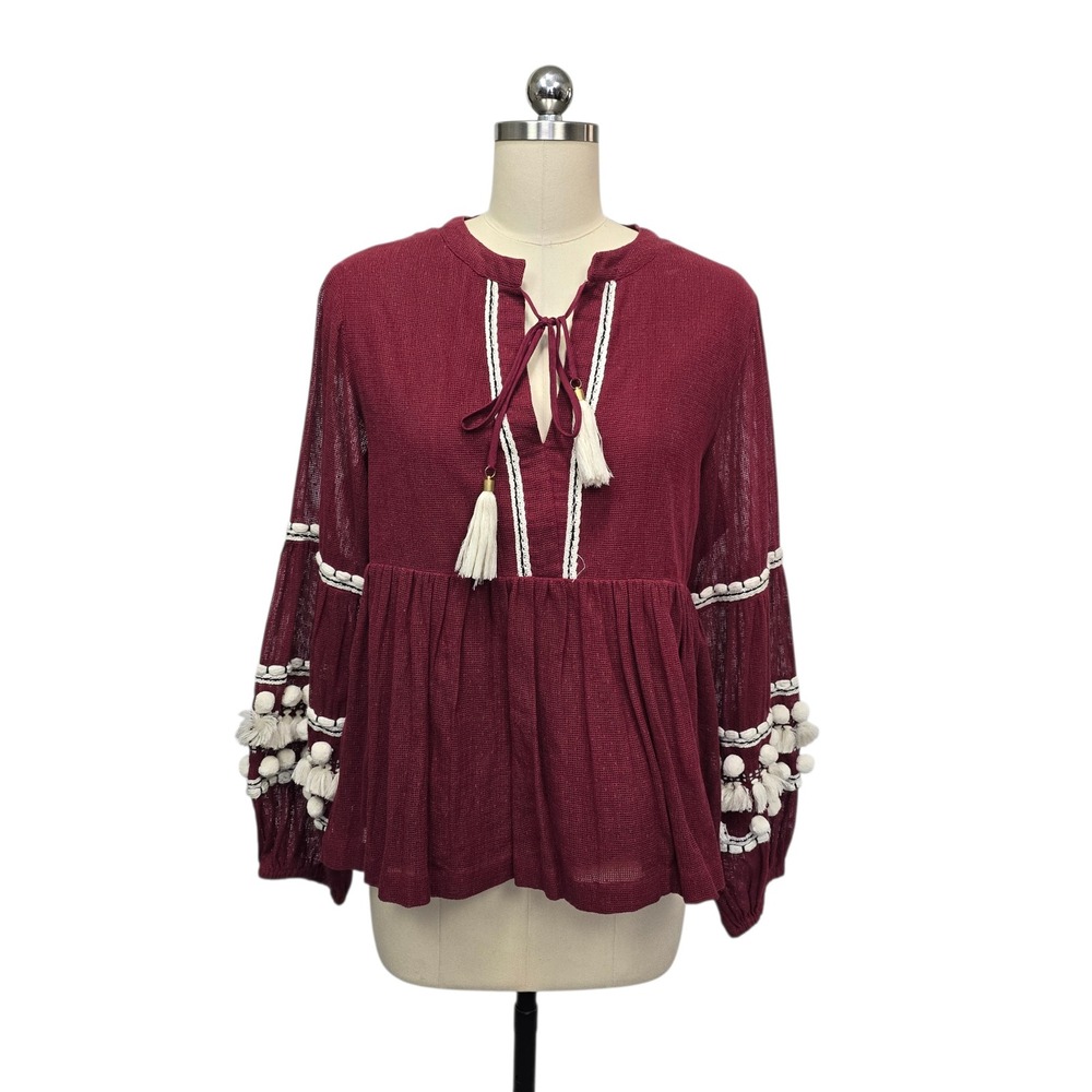 Vineet Bahl Anthropologie Burgundy Boho Pom Pom Tassel Peasant Blouse‎ Top Large